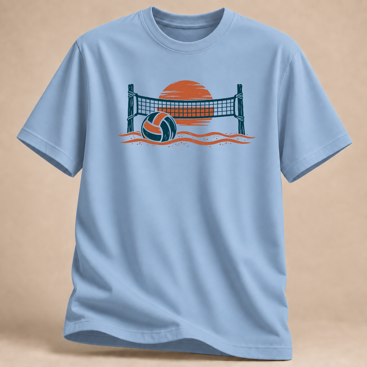 Beachvolleyball Sonnenuntergang T-Shirt – Mockup in Hellblau