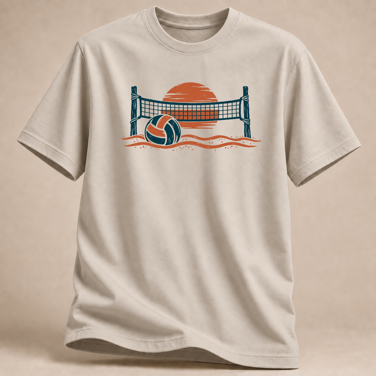 Beachvolleyball Sonnenuntergang T-Shirt – Mockup in Sand