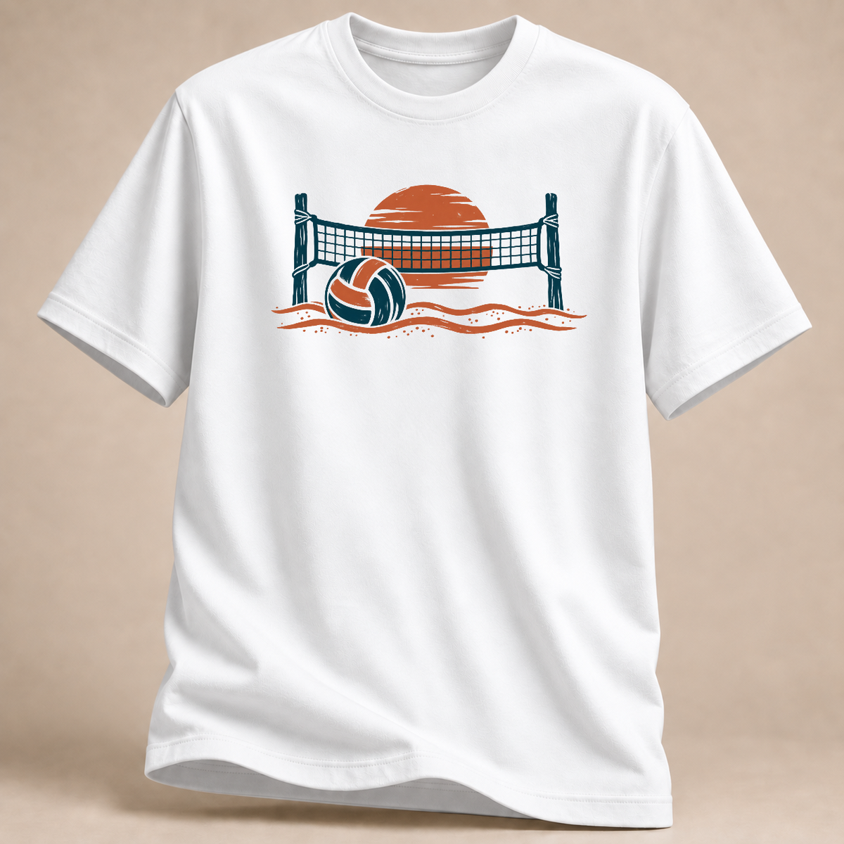 Beachvolleyball Sonnenuntergang T-Shirt – Mockup in Weiß