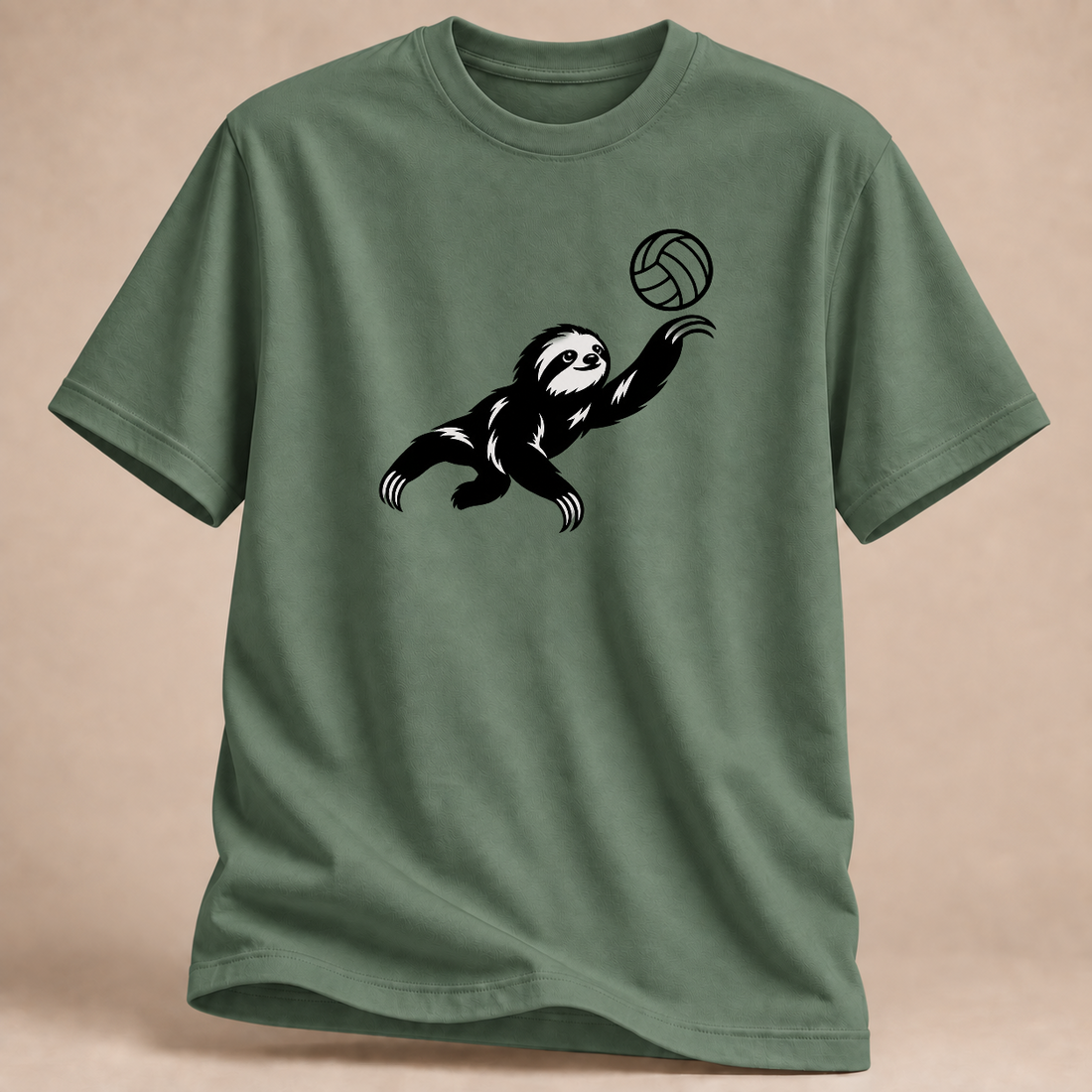 Faultier Volleyball T-Shirt – Ruhig am Netz – Mockup in Militärgrün