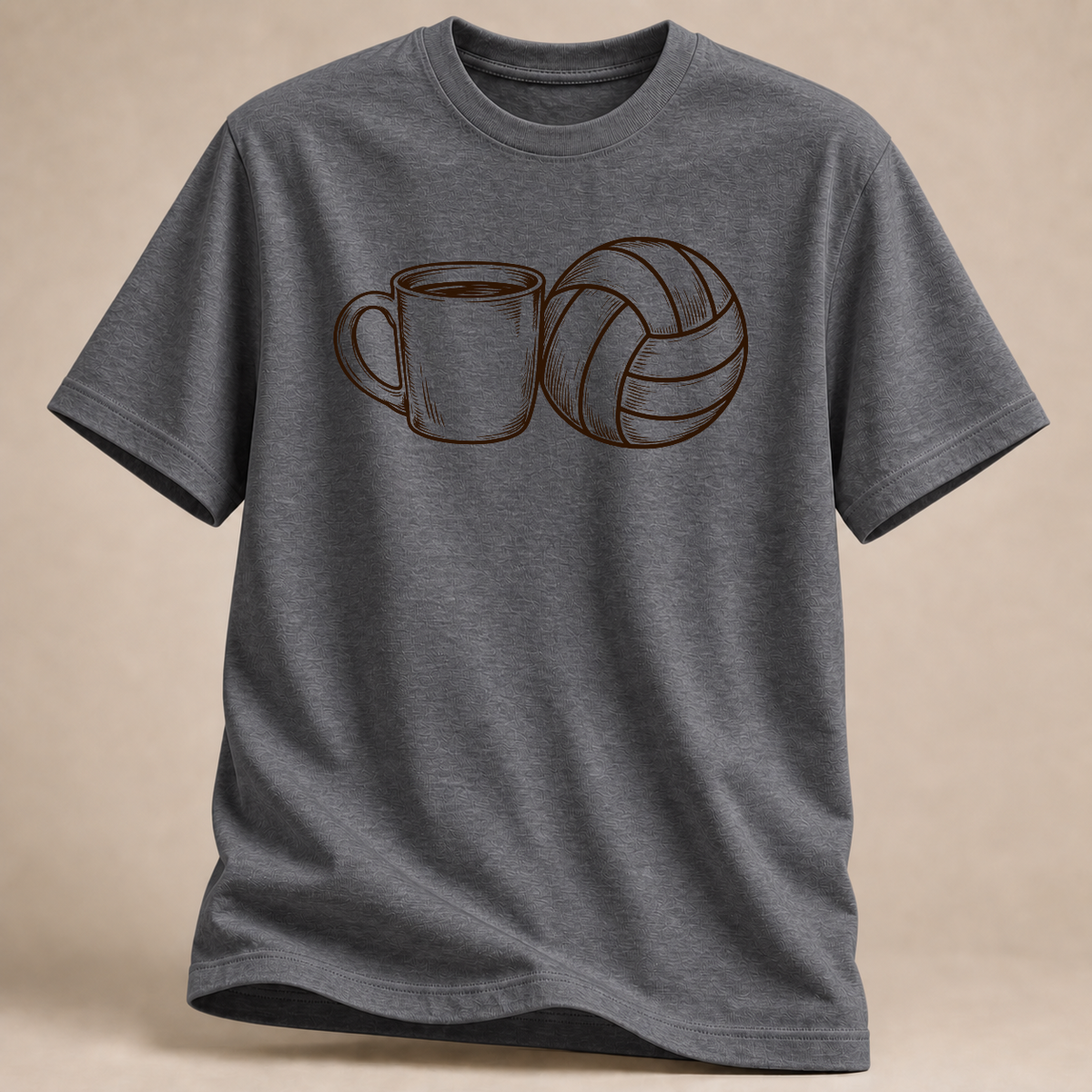 Kaffee und Volleyball T-Shirt – Mockup in Graphit meliert