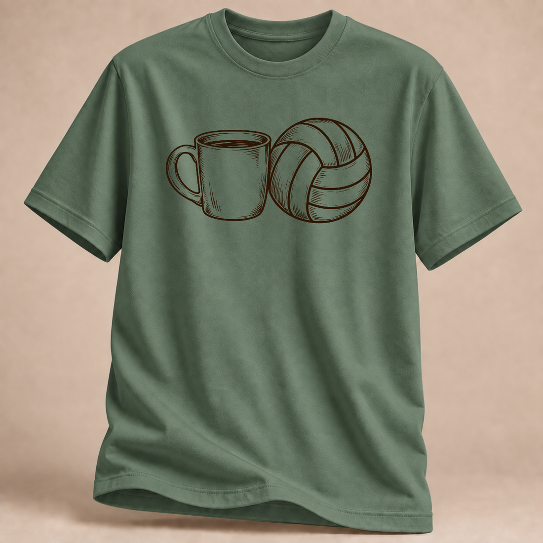 Kaffee und Volleyball T-Shirt – Mockup in Militärgrün