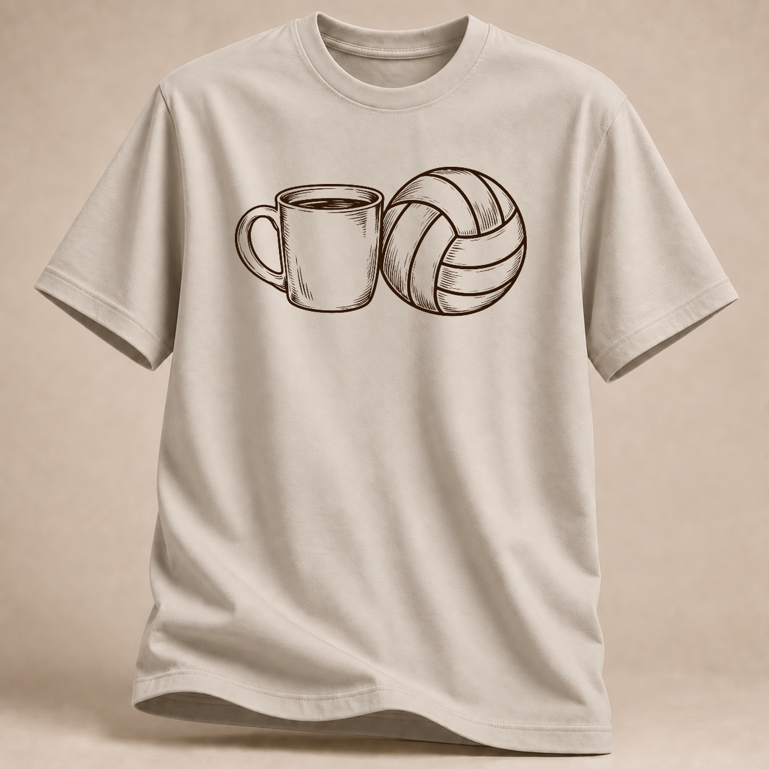 Kaffee und Volleyball T-Shirt – Mockup in Sand