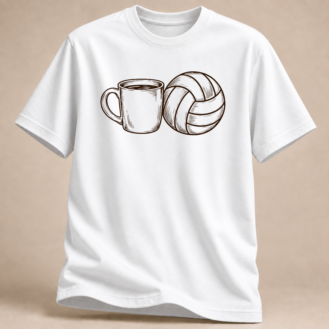 Kaffee und Volleyball T-Shirt – Mockup in Weiß