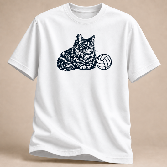Katzenfan Volleyball T-Shirt mit Ball – Mockup in Weiß