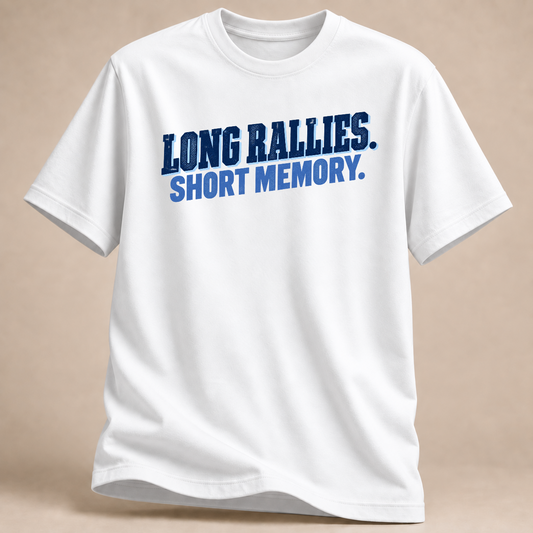 Long Rallies. Short Memory. Volleyball T-Shirt – Mockup in Weiß