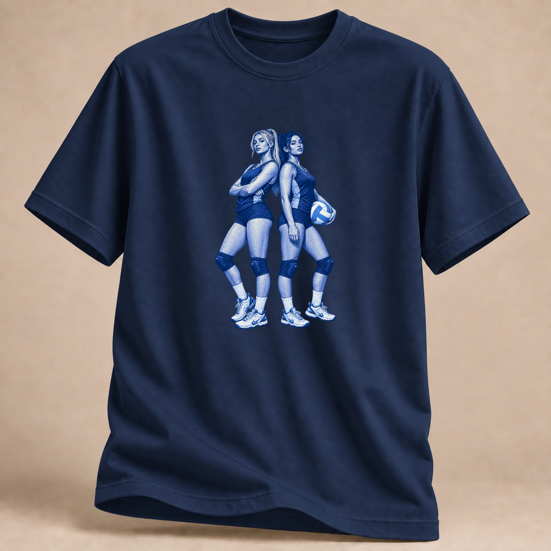 Volleyball Team T-Shirt – Rücken an Rücken – Mockup in Marineblau
