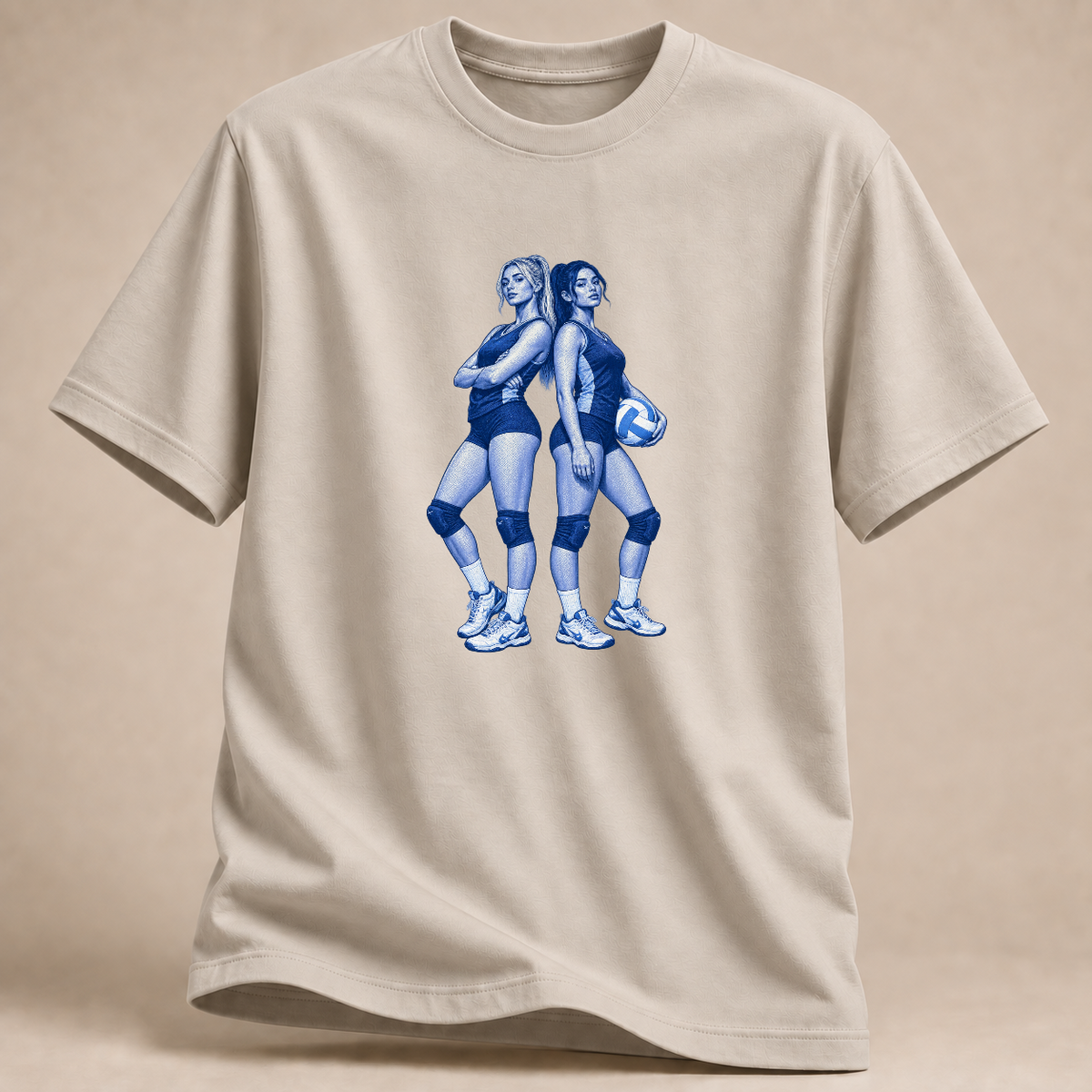Volleyball Team T-Shirt – Rücken an Rücken – Mockup in Sand