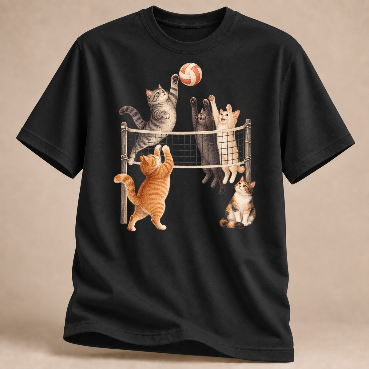 RÜCKRAUM – Katzen am Volleyballnetz T-Shirt – Schwarz