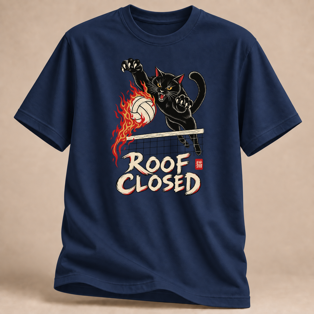 RÜCKRAUM – Roof Closed Volleyball-Katze T-Shirt – Marineblau