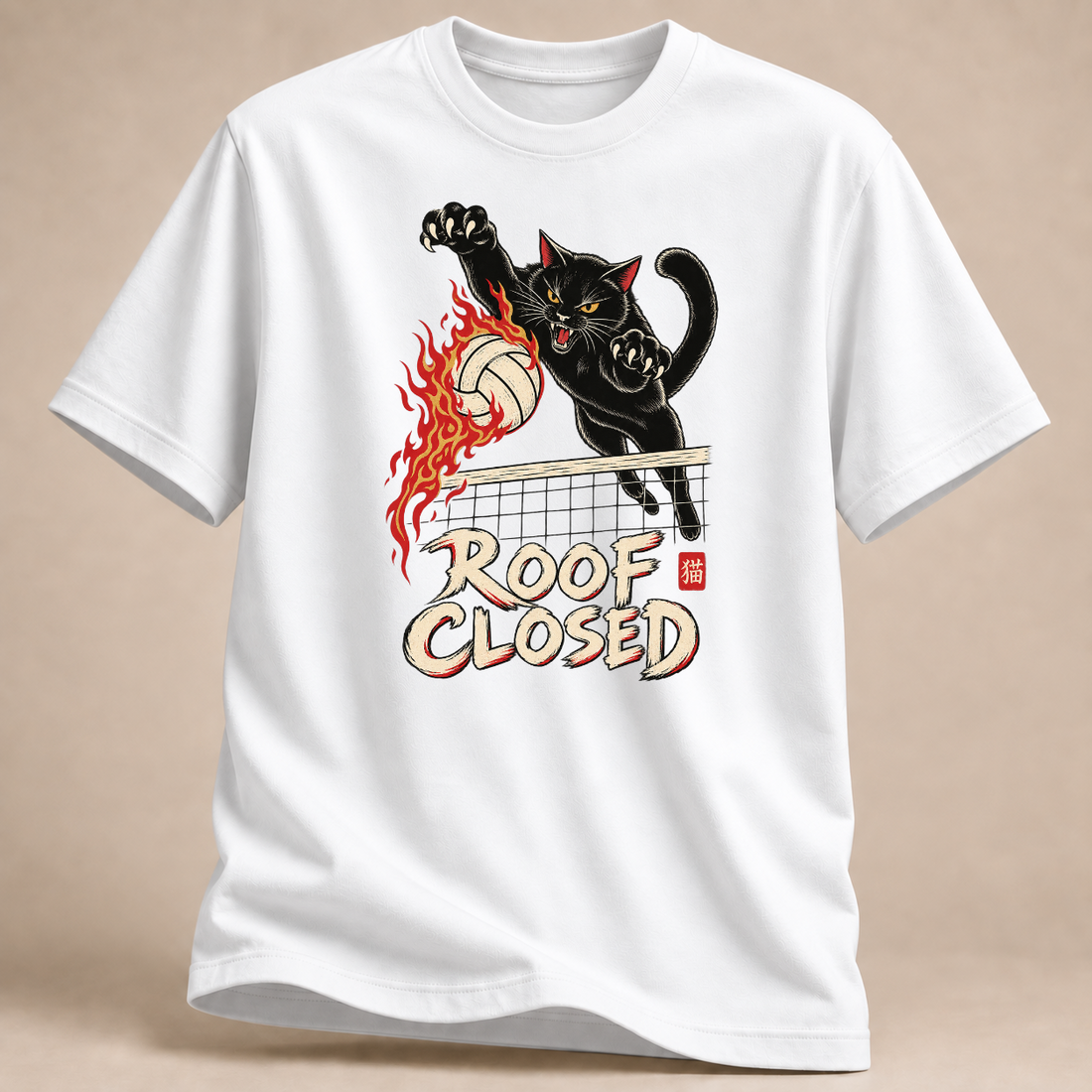 RÜCKRAUM – Roof Closed Volleyball-Katze T-Shirt – Weiß