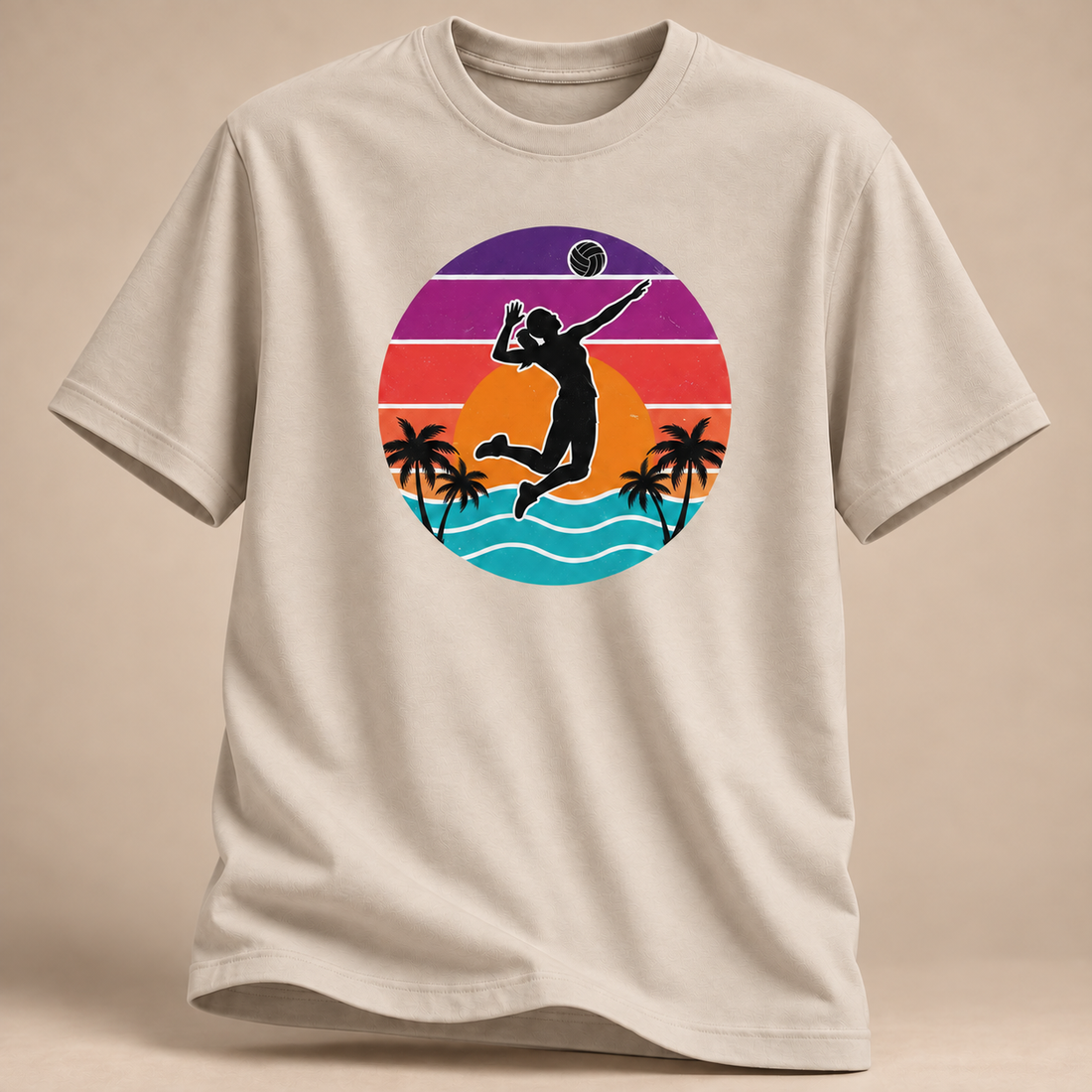Sunset Spike Volleyball T-Shirt – Sand / Sand – Gildan 64000 – Front Studio