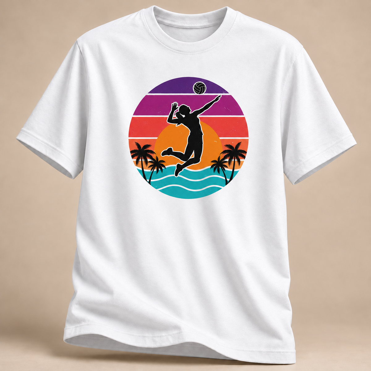 Sunset Spike Volleyball T-Shirt – White / Weiß – Gildan 64000 – Front Studio