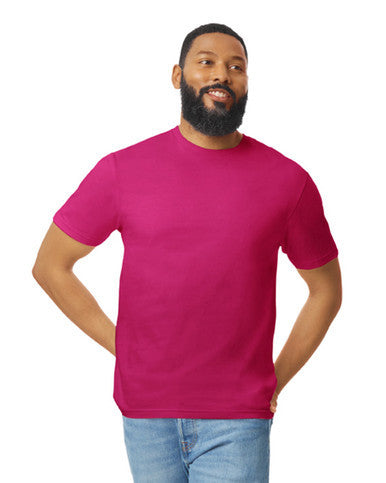 Supplier model photo showing the fit of the plain, unprinted crewneck shirt